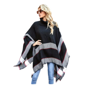 Poncho Pullover schwarz grau Rollkragen